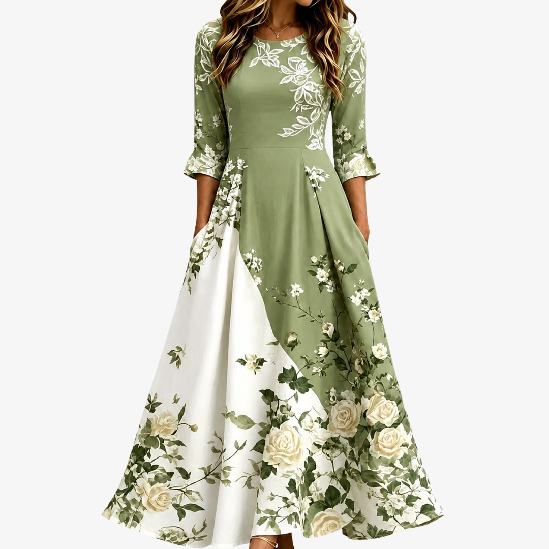 Sage Garden Rose Pocket Midi Dress