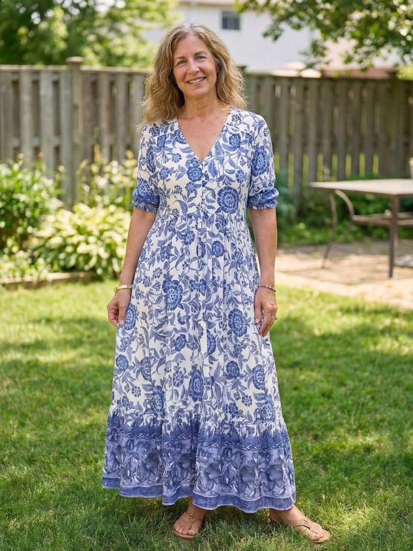 Isolde | Short Sleeve V Neck Floral Midi Dress